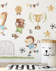 Watercolor Football Animals Nursery Wall Decals | Bear, Monkey, Giraffe, Lion Playing Soccer | Kids Room Decor | Peel and Stick Wall Art