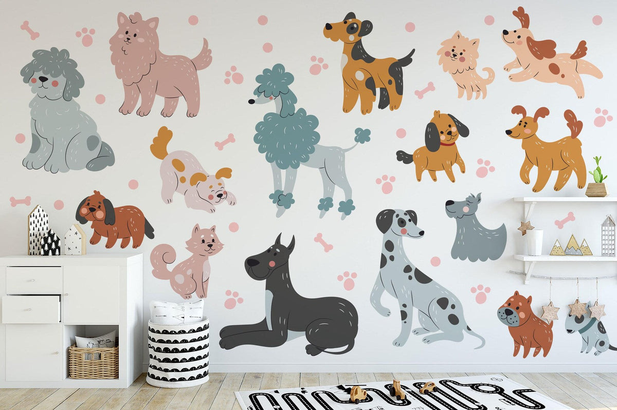 Cute Dog Wall Decals Set for Kids Room Nursery | Self-Adhesive Peel &amp; Stick Dog Stickers
