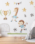 Watercolor Football Animals Nursery Wall Decals | Bear, Monkey, Giraffe, Lion Playing Soccer | Kids Room Decor | Peel and Stick Wall Art