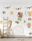 Watercolor Football Animals Nursery Wall Decals | Bear, Monkey, Giraffe, Lion Playing Soccer | Kids Room Decor | Peel and Stick Wall Art