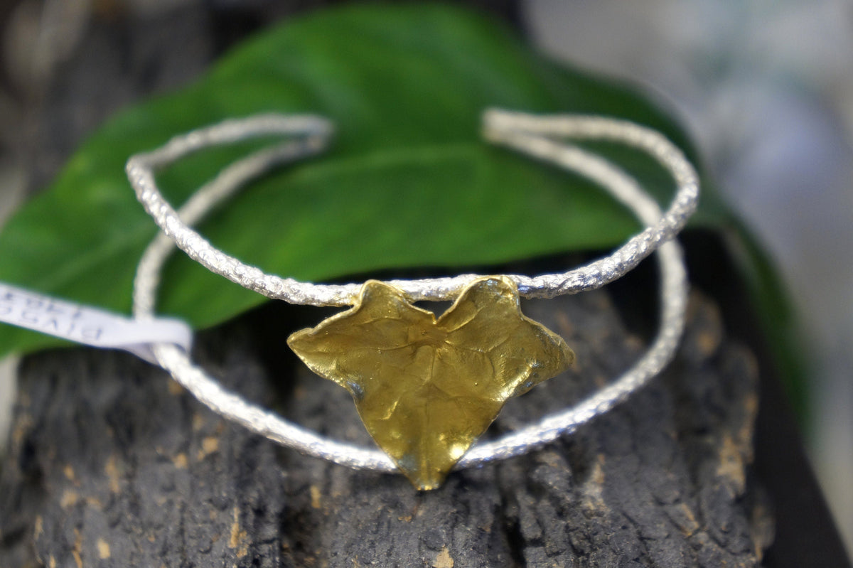 Real Ivy Leaf Gold Cuff Bracelet, Handmade Nature Jewelry, Organic Forest Cuff, Gift for Wisdom &amp; Friendship, 14K Gold Plated Sterling Silver 925