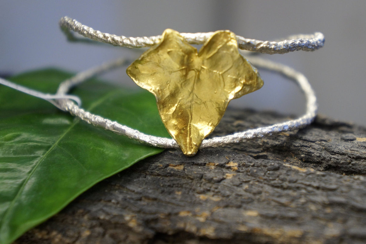 Real Ivy Leaf Gold Cuff Bracelet, Handmade Nature Jewelry, Organic Forest Cuff, Gift for Wisdom &amp; Friendship, 14K Gold Plated Sterling Silver 925
