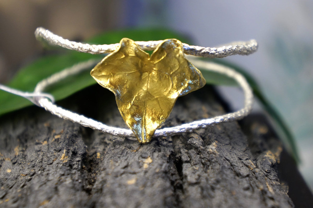 Real Ivy Leaf Gold Cuff Bracelet, Handmade Nature Jewelry, Organic Forest Cuff, Gift for Wisdom &amp; Friendship, 14K Gold Plated Sterling Silver 925
