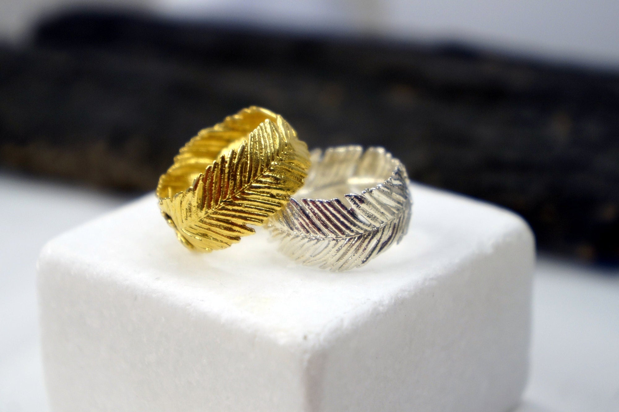 Wide Band Ring: Real Pressed Mimosa Leaf - Sterling Silver-4