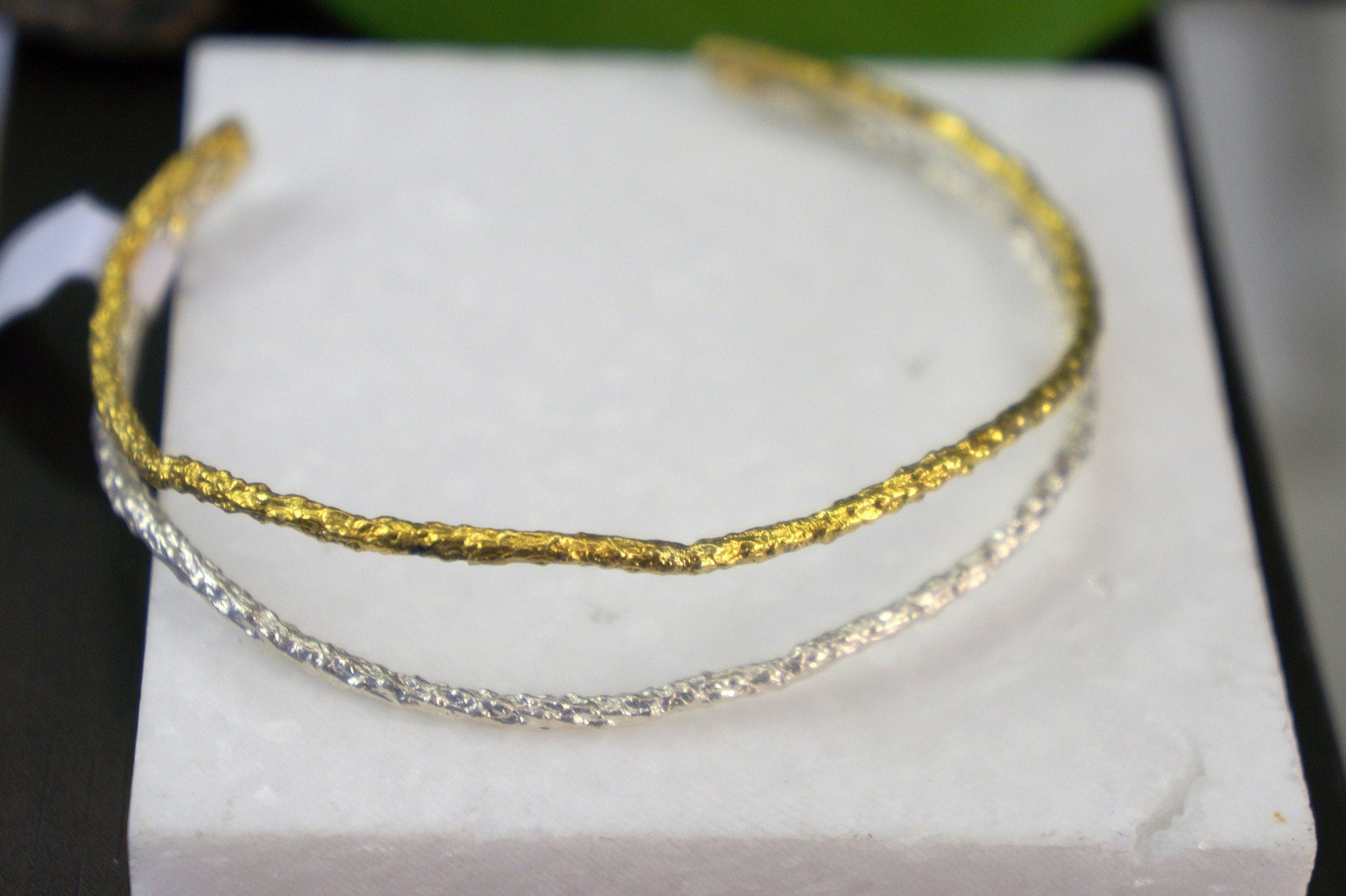 Two-Tone Pine Branch Cuff Bracelet: Gold &amp; Black Rhodium Finish-2