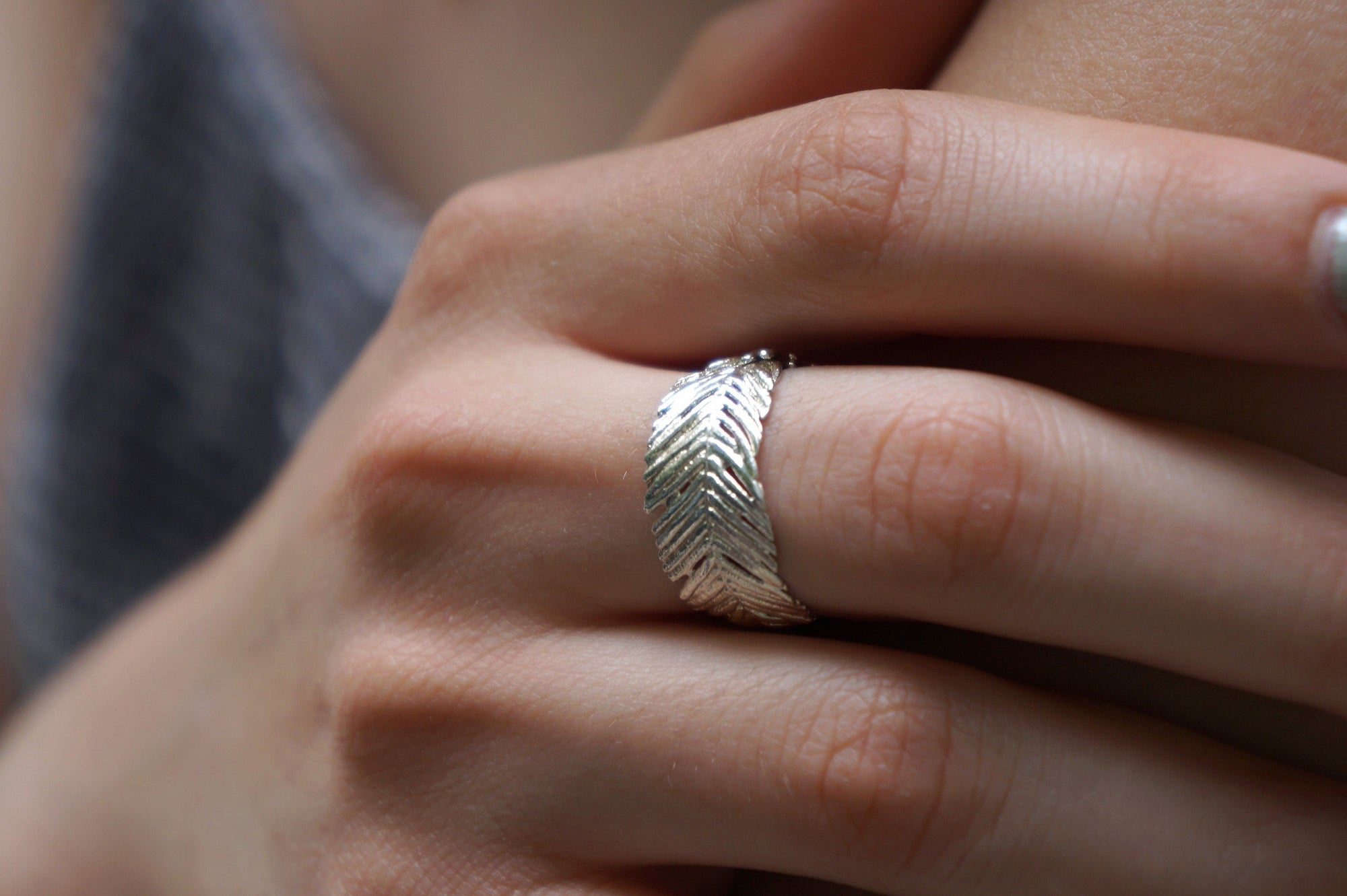 Wide Band Ring: Real Pressed Mimosa Leaf - Sterling Silver-2