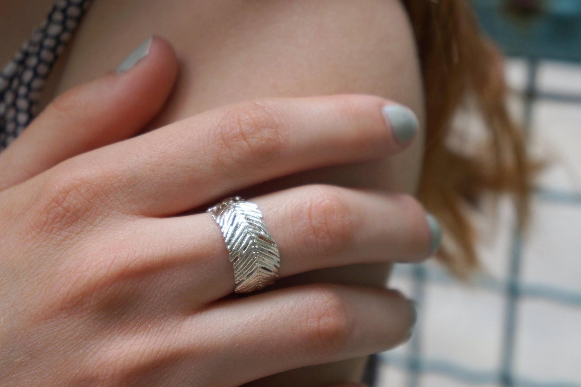 Wide Band Ring: Real Pressed Mimosa Leaf - Sterling Silver-3