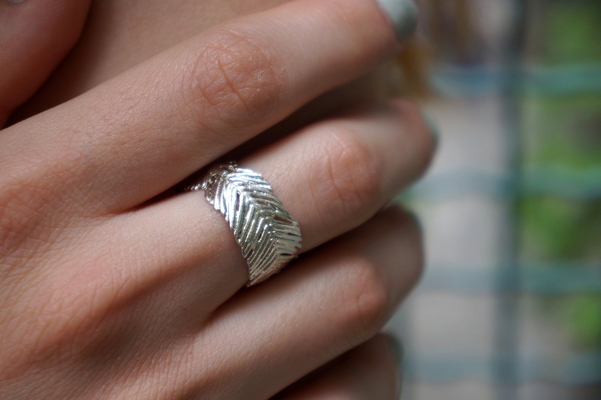Wide Band Ring: Real Pressed Mimosa Leaf - Sterling Silver-0