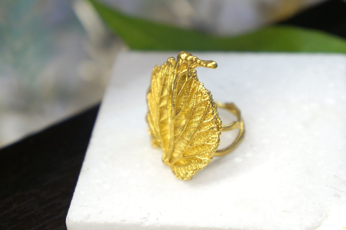 Real Leaf Statement Ring, Handmade Statement Jewelry, Organic Botanical Band, Unique Gift for Nature Lovers, Gold or Sterling Silver 925
