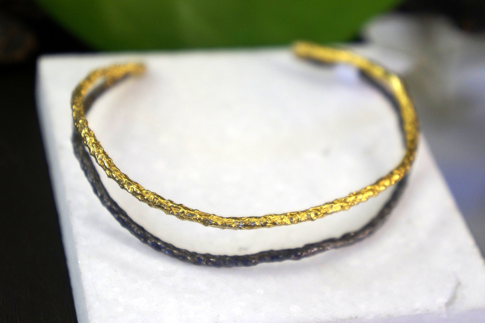 Two-Tone Pine Branch Cuff Bracelet: Gold & Black Rhodium Finish-0