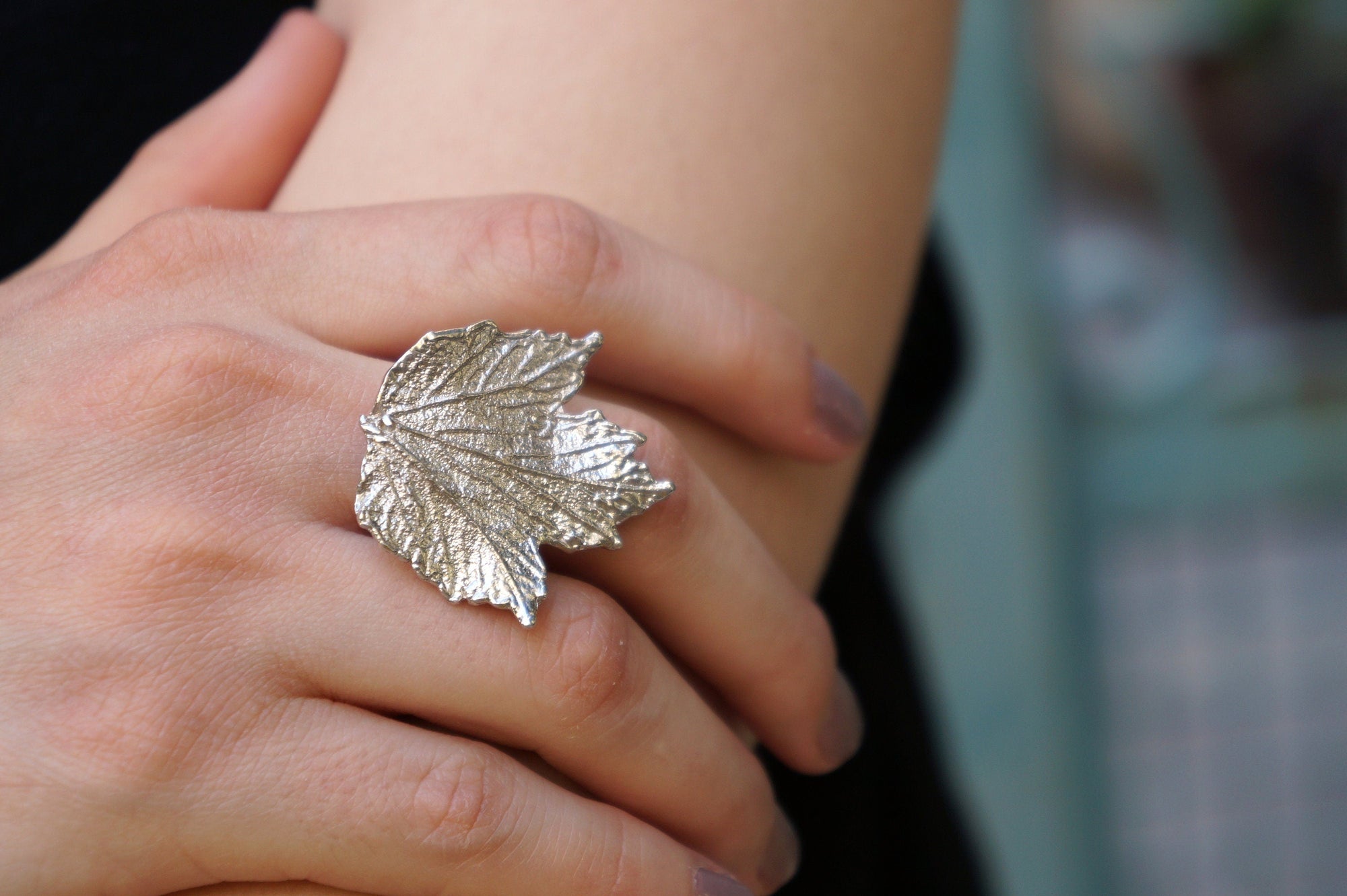 Bourbon Rose Leaf Ring: Handmade Sterling Silver Adjustable-2