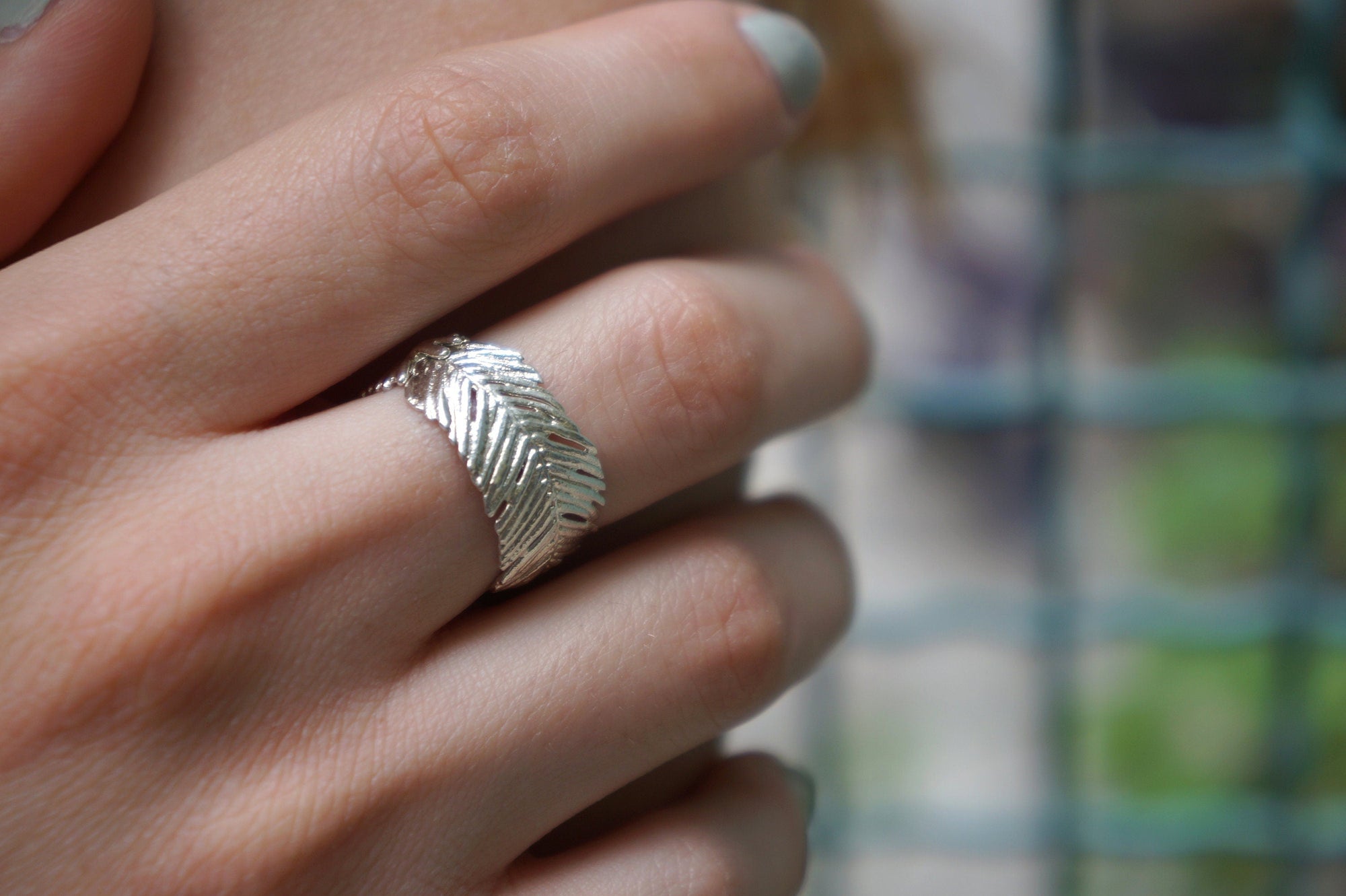 Wide Band Ring: Real Pressed Mimosa Leaf - Sterling Silver-1