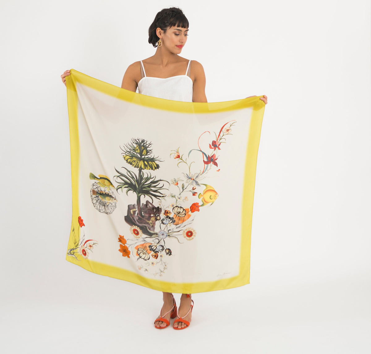 Lime green large square Silk Scarf, 'Tropics Silk' botanical illustration luxury accessory