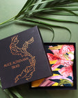 Yellow tropical print Scarf with floral skull design  "Boto Silk" long Silk scarf in rectangular shape