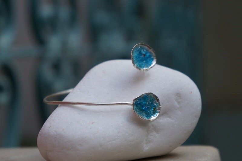 Nautical Silver Cuff Bracelet, Limpet Shell with Raw Blue Murano Glass (Adjustable)-0