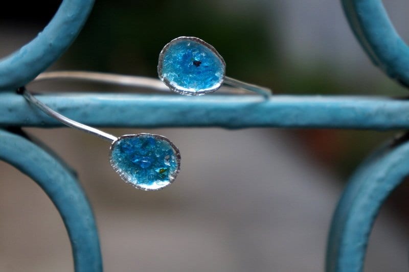 Nautical Silver Cuff Bracelet, Limpet Shell with Raw Blue Murano Glass (Adjustable)-2