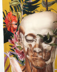 Yellow tropical print Scarf with floral skull design  "Boto Silk" long Silk scarf in rectangular shape