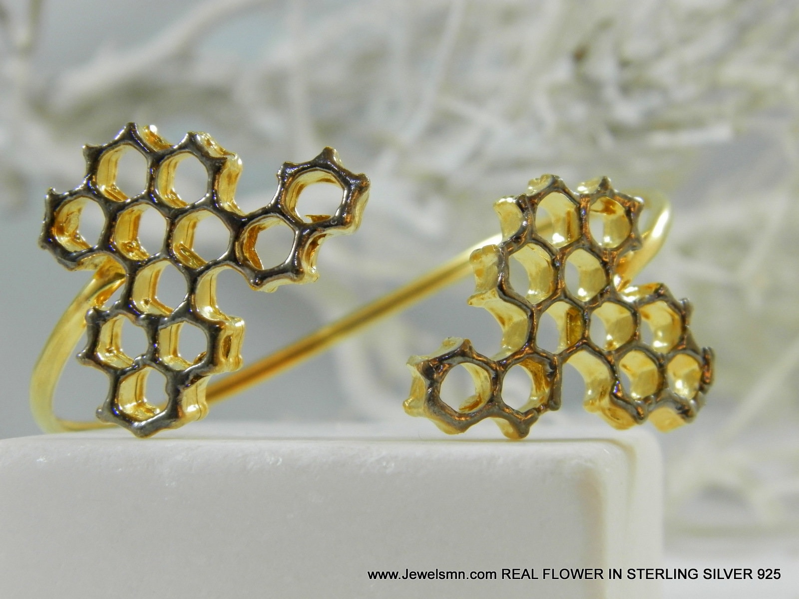 Honeycomb Bee Bracelet: Two-Tone Gold and Black Wide Cuff-1