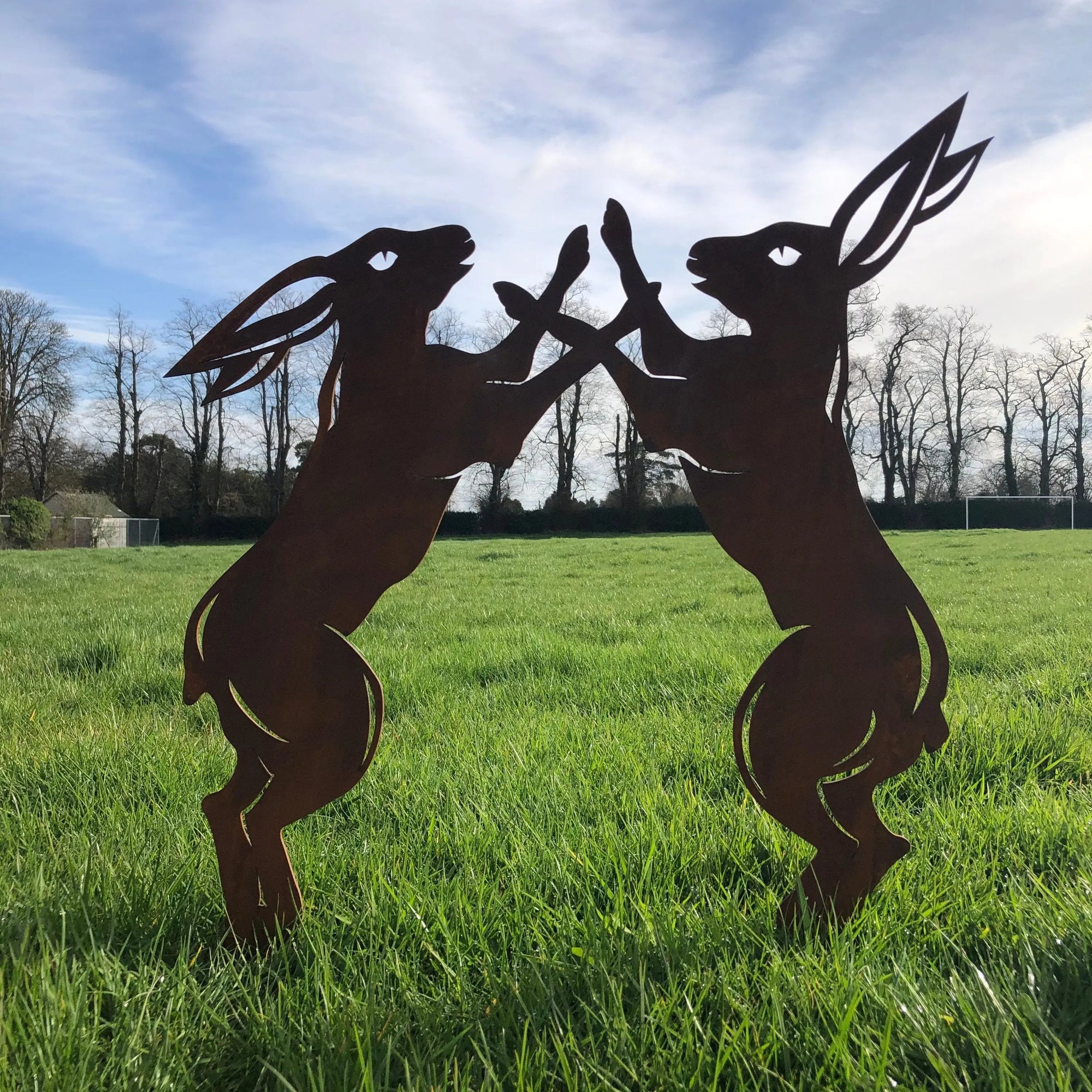 Rusty Metal Boxing Hares Garden Ornament