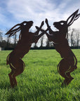 Rusty Metal Boxing Hares Garden Ornament