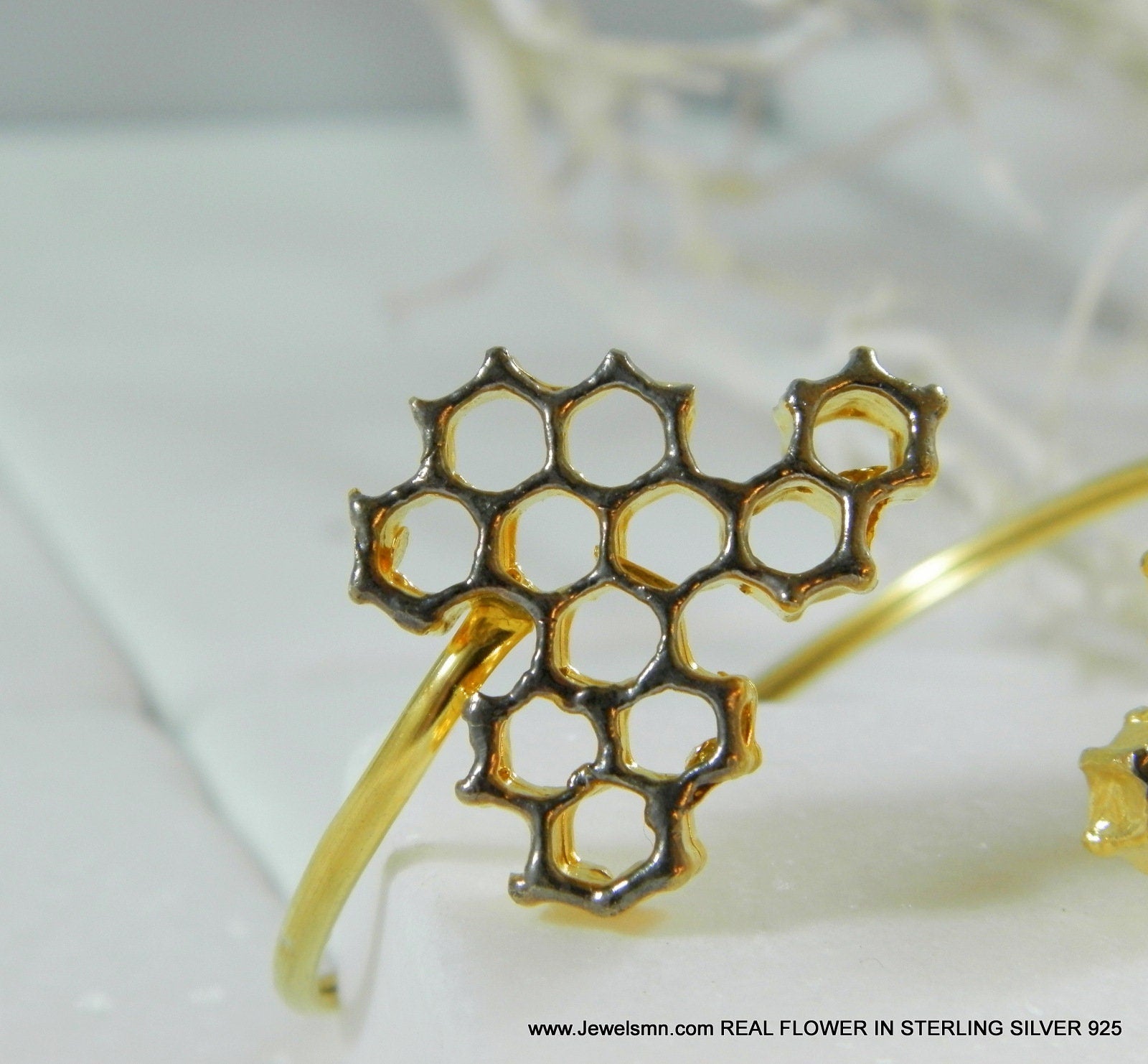 Honeycomb Bee Bracelet: Two-Tone Gold and Black Wide Cuff-4