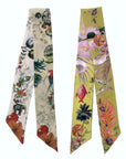 Cream 'Skinny' Silk scarf in the botanical  'Evolution' Print, delicate, lightweight Twilly style scarf accessory