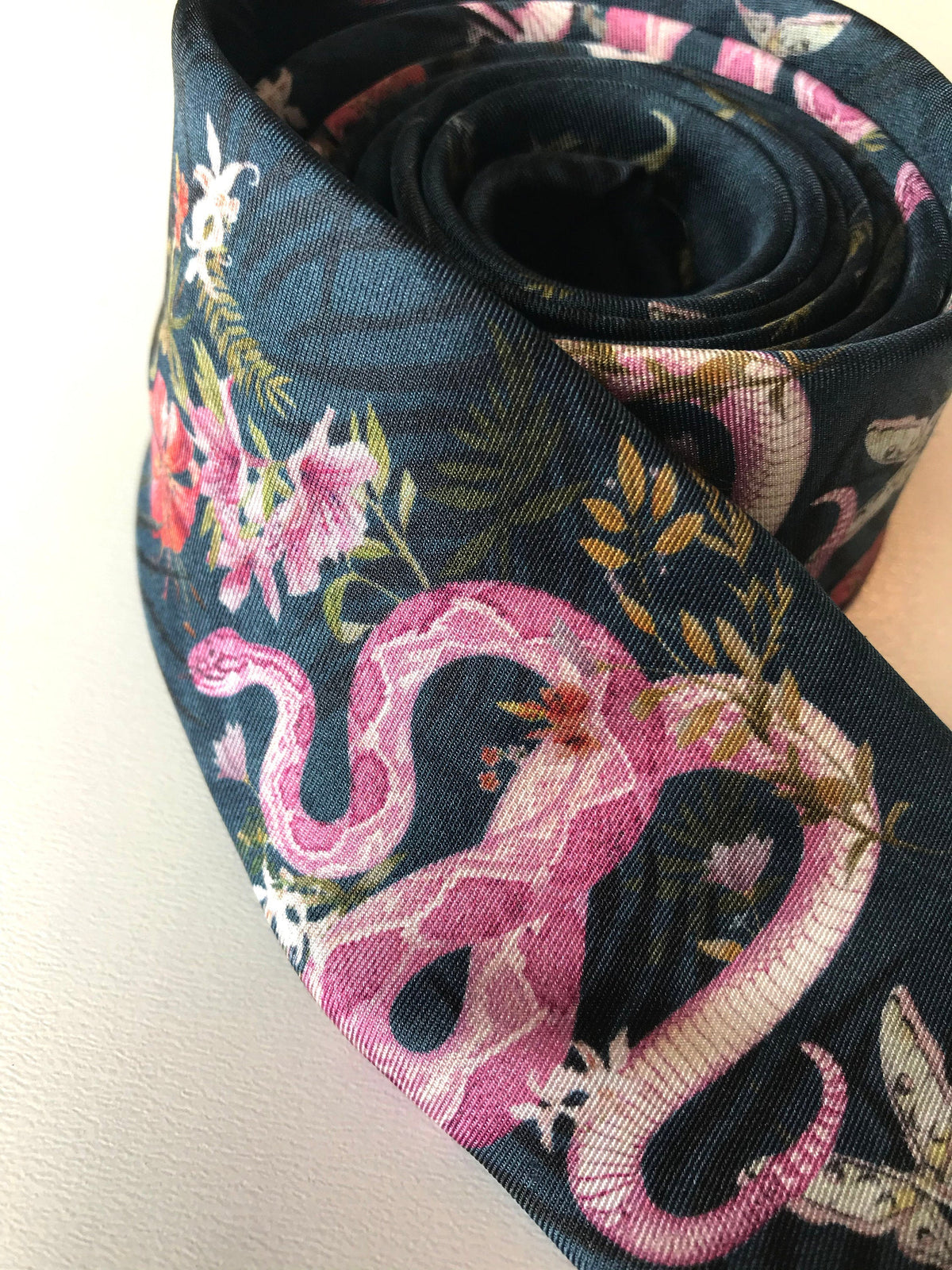 Navy Blue Silk Tie, 'Enticement' Pink Serpent design and tropical flowers