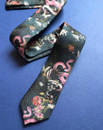 Navy Blue Silk Tie, 'Enticement' Pink Serpent design and tropical flowers