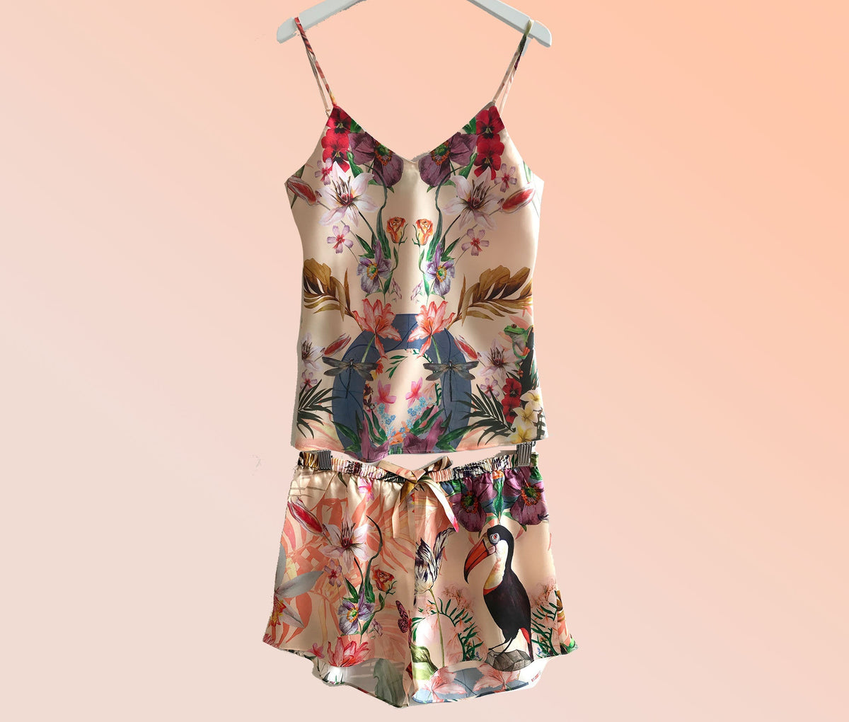 Silk Pyjamas- Set Cami and Shorts in 'Eden' Tropical Meadow Print, luxury lounge wear