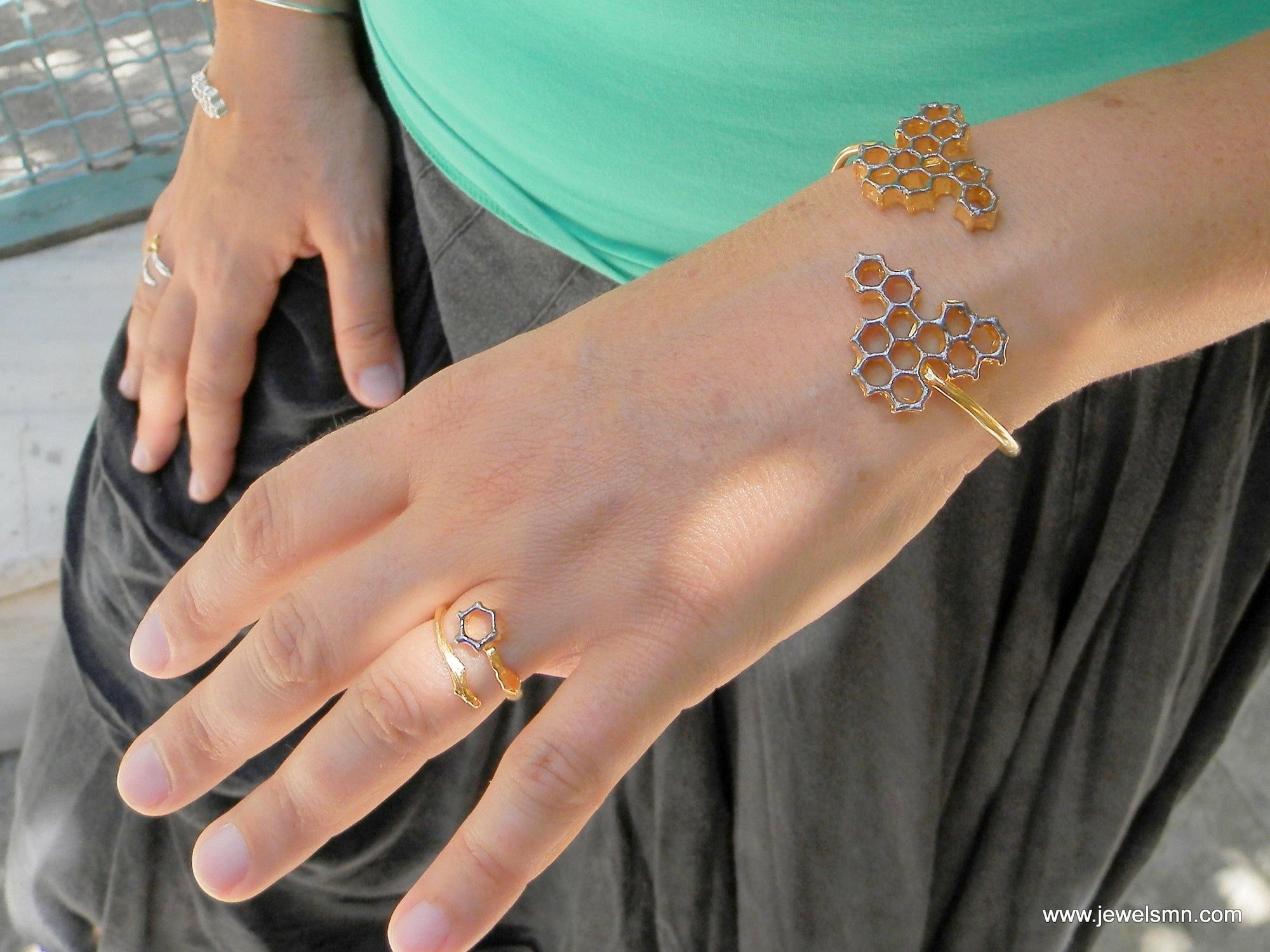 Honeycomb Bee Bracelet: Two-Tone Gold and Black Wide Cuff-2