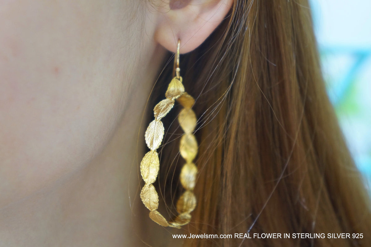 Gold Rose Leaves Hoops, Handmade Nature Jewelry, Botanical Dangle Earrings, Gift for Love &amp; Success, Eco Sustainable Sterling Silver 925