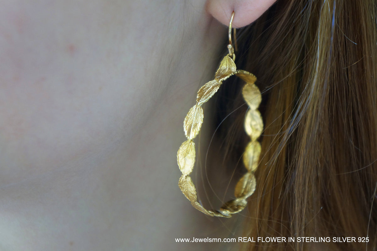 Gold Rose Leaves Hoops, Handmade Nature Jewelry, Botanical Dangle Earrings, Gift for Love &amp; Success, Eco Sustainable Sterling Silver 925