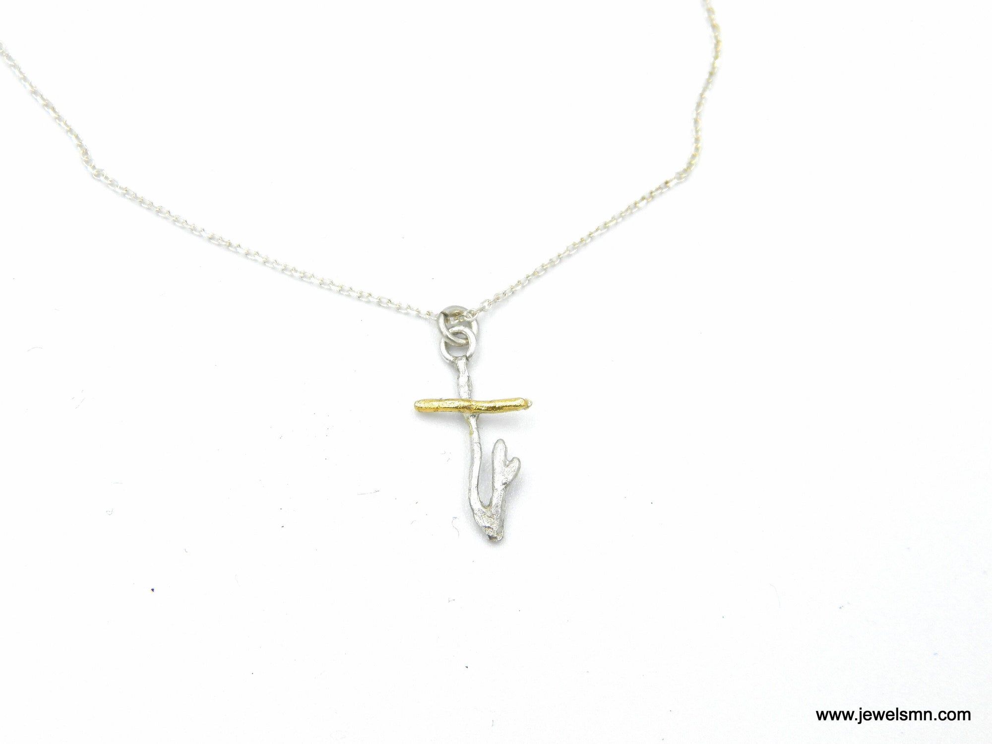 Twig Cross Necklace: Silver and Gold Nature Design (2cm Pendant)-2
