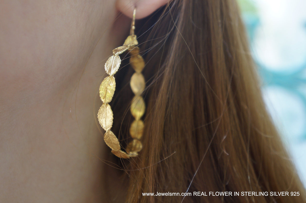 Gold Rose Leaves Hoops, Handmade Nature Jewelry, Botanical Dangle Earrings, Gift for Love &amp; Success, Eco Sustainable Sterling Silver 925