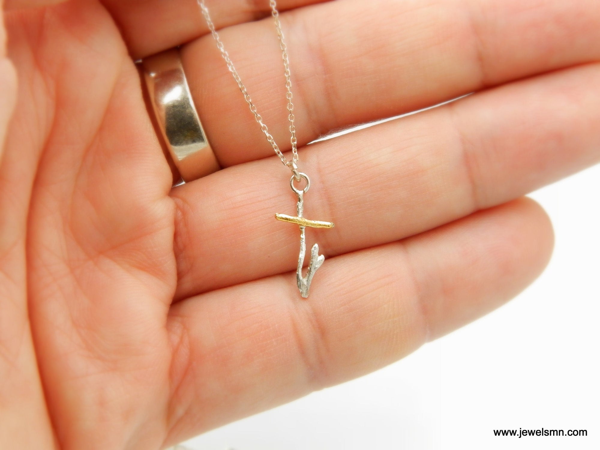 Twig Cross Necklace: Silver and Gold Nature Design (2cm Pendant)-1