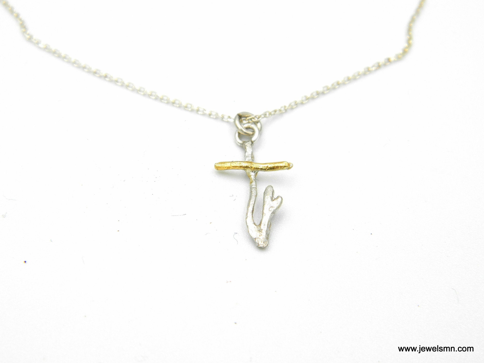 Twig Cross Necklace: Silver and Gold Nature Design (2cm Pendant)-4