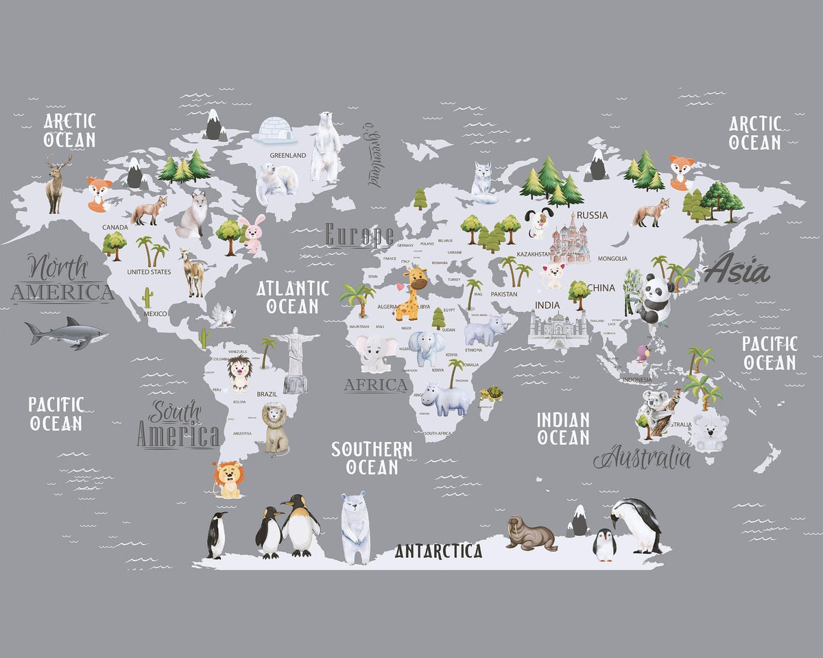 Gray World Map Wallpaper, Kids, Room, Wall Cover, Design, Nursery 