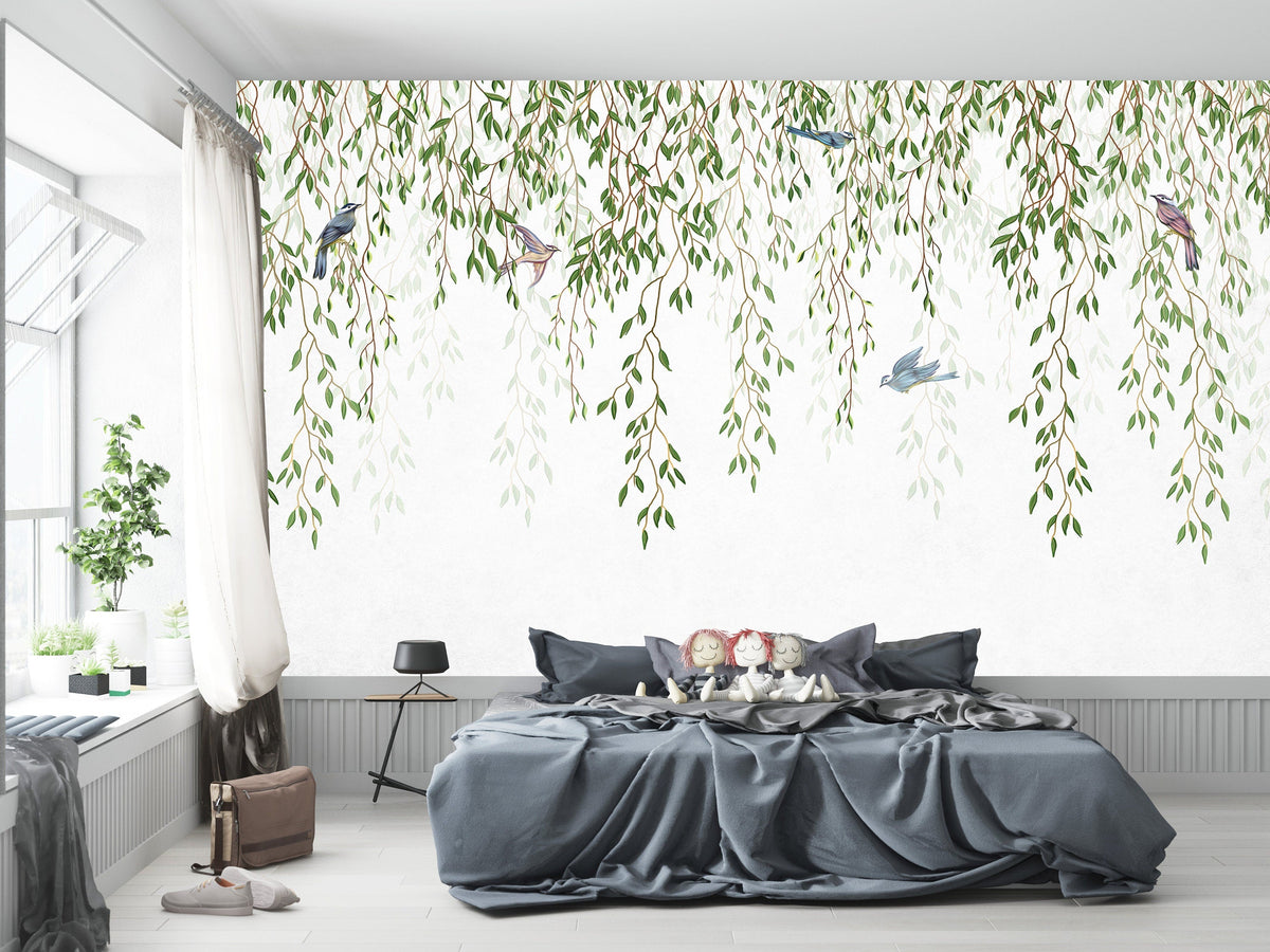 Hanging Leaves Birds Tropical Wallpaper Floral Wall ... | Wonderwallsboutique