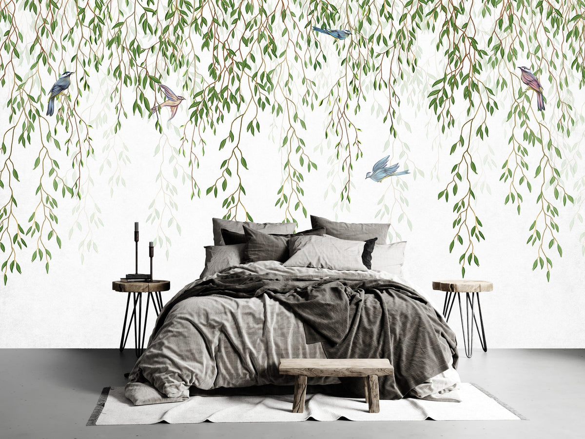 Hanging Leaves Birds Tropical Wallpaper Floral Wall ... | Wonderwallsboutique