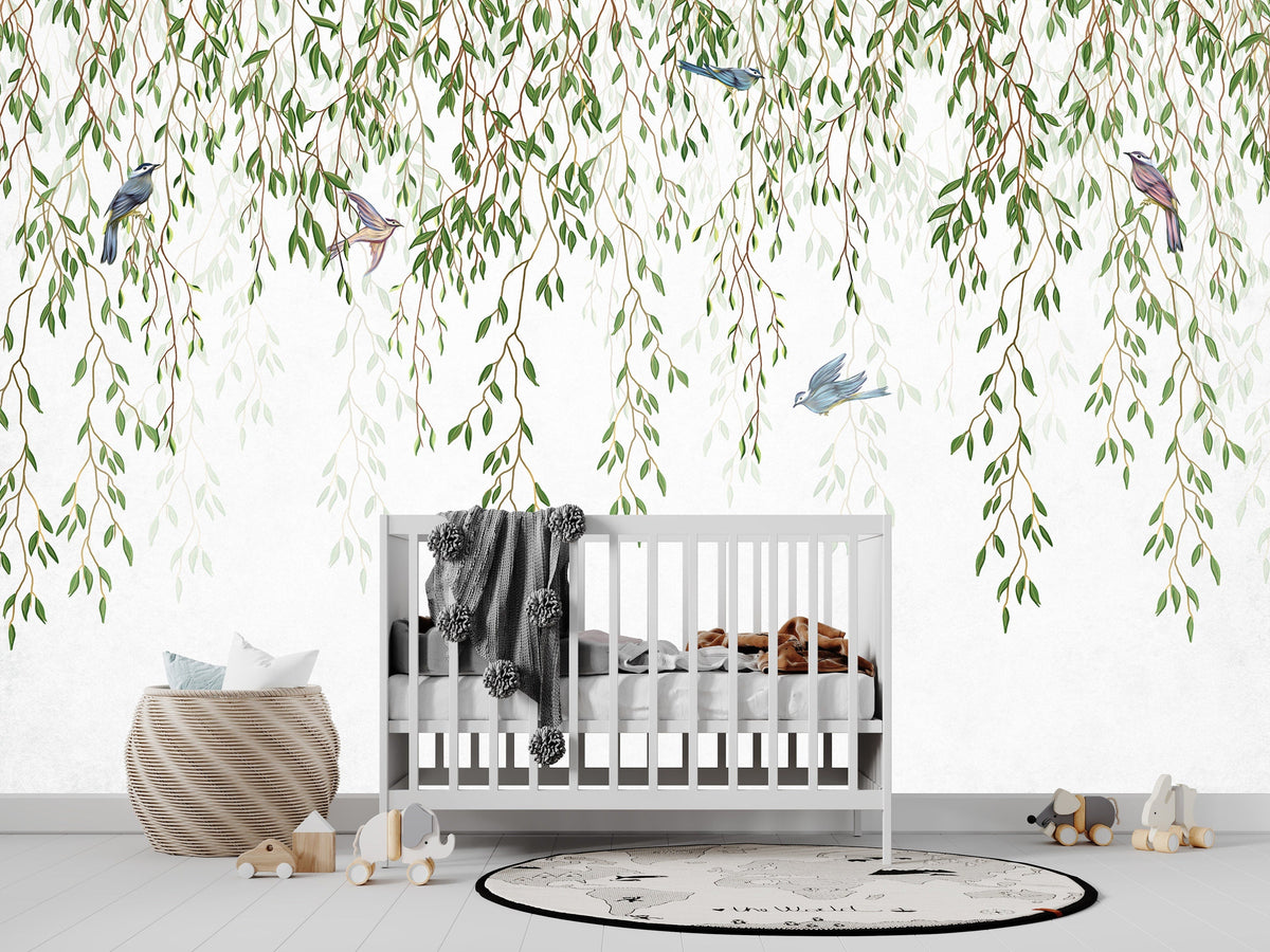 Hanging Leaves Birds Tropical Wallpaper Floral Wall ... | Wonderwallsboutique