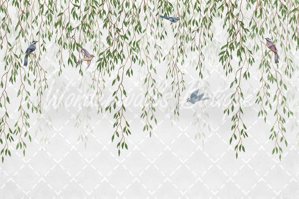 Hanging Leaves Birds Tropical Wallpaper Floral Wall ... | Wonderwallsboutique