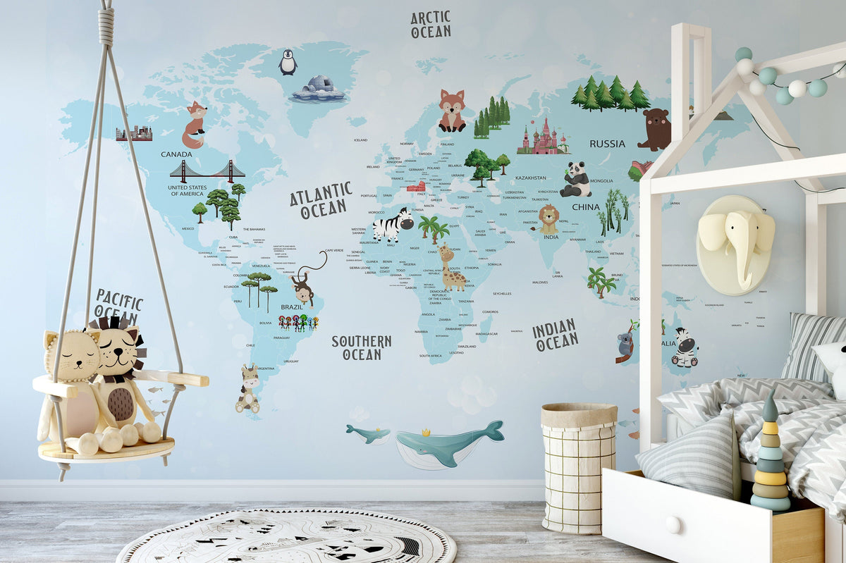 Blue World Map Wallpaper | Wonderwallsboutique