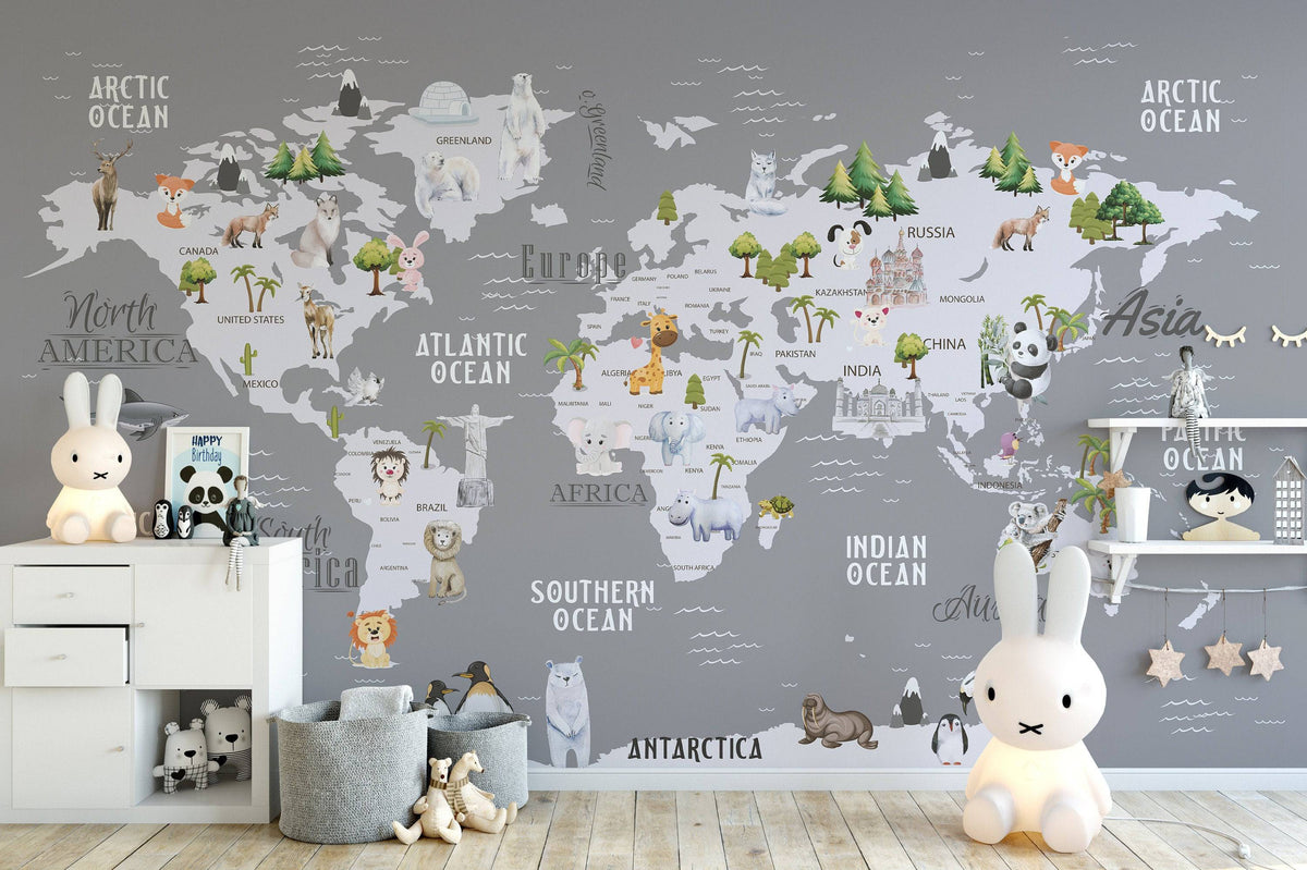 Gray World Map Wallpaper, Kids, Room, Wall Cover, Design, Nursery 