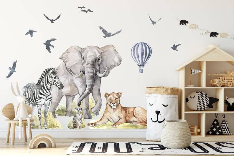 Big Animal Watercolor Wall Decal Set for kids, removable cute safari animals, Lion, Elephant nursery Stickers, Peel and stick 2