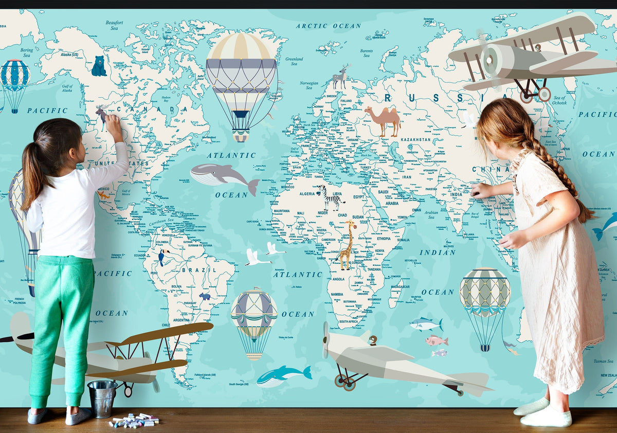 Kids World Map Wallpaper Peel and Stick | Wonderwallsboutique