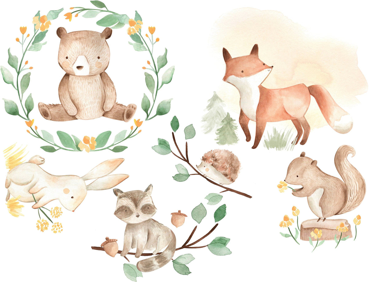 Forest Animals Nursery Wall Decal Sticker, Woodland Animals Wall Art, Watercolor Wall decal for kids