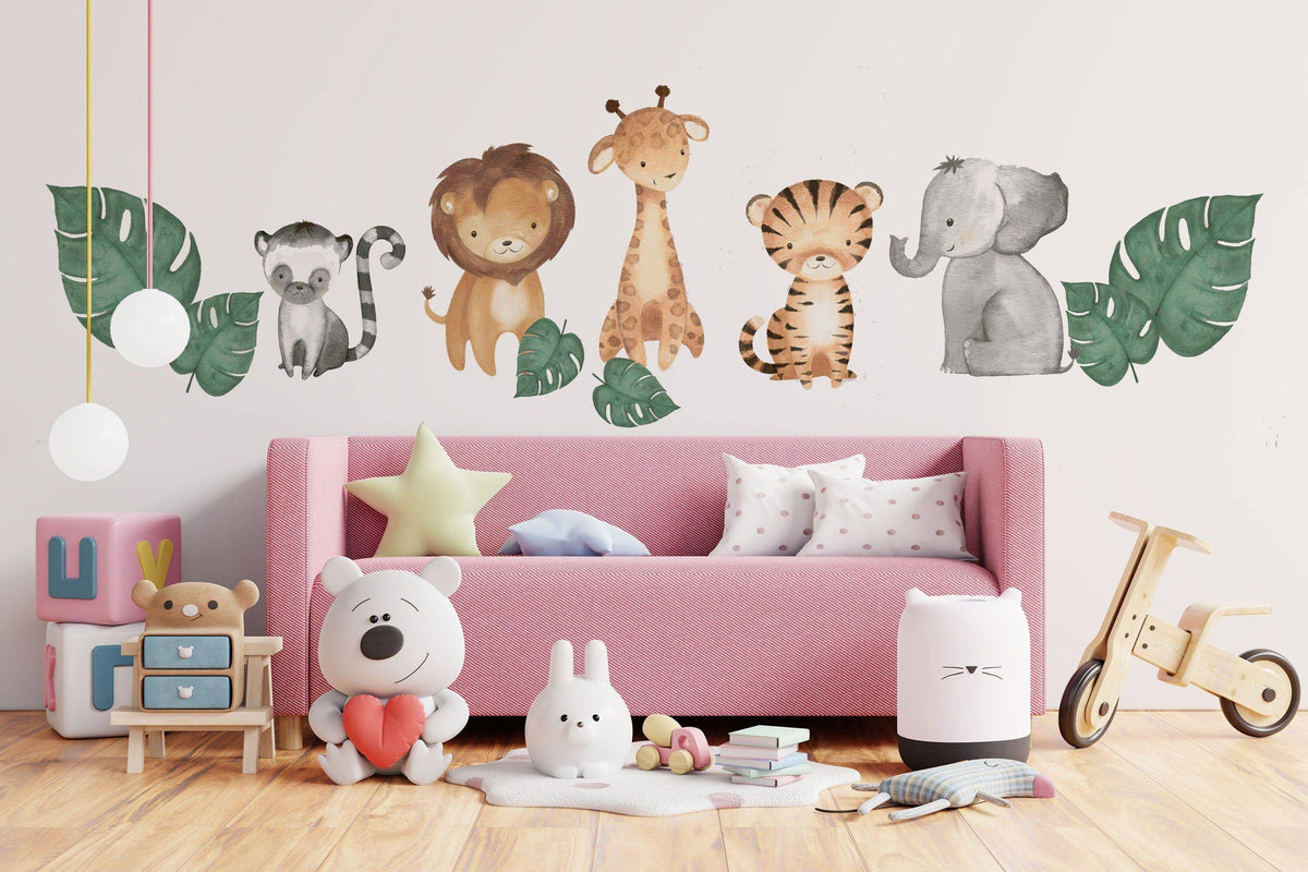Monstera Leaf | Safari Animals | Nursery Wall Decal | Jungle Animals Wall Stickers | Wall Decal For Kids | Watercolor Animals