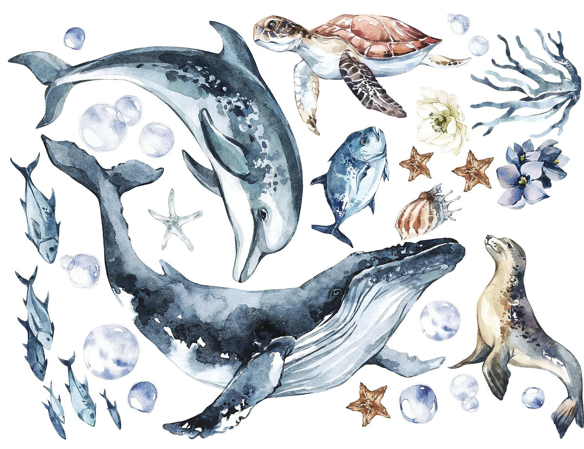 Ocean Animals Wall Decal for Kids and Nursery, Sticker Set, Dolphin, Turtle, Whale, Fishes, Seal,  Corals, Watercolour,  OCEAN Life