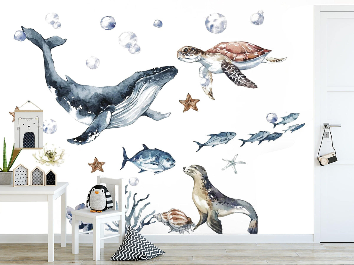 Ocean Animals Wall Decal for Kids and Nursery, Sticker Set, Dolphin, Turtle, Whale, Fishes, Seal,  Corals, Watercolour,  OCEAN Life