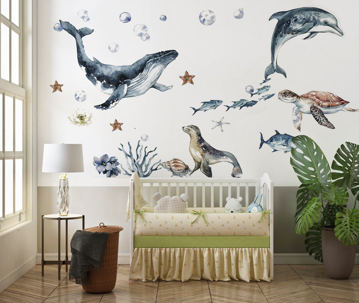 Ocean Animals Wall Decal for Kids and Nursery, Sticker Set, Dolphin, Turtle, Whale, Fishes, Seal,  Corals, Watercolour,  OCEAN Life
